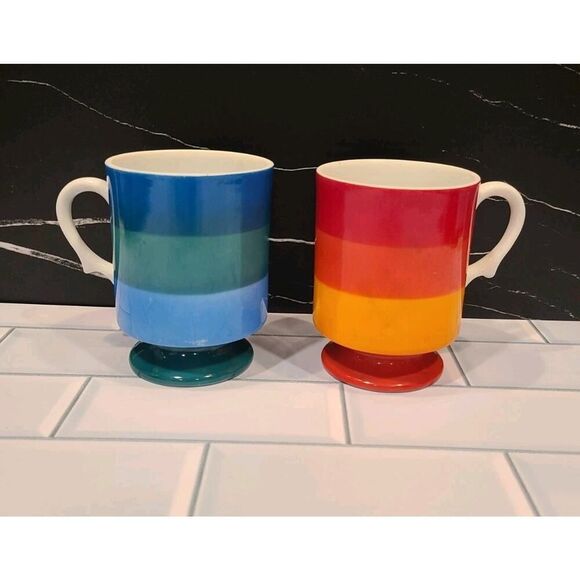 HOLT-HOWARD 1966 Striped Set Of 2 Porcelain Mugs Handles Footed Blue Orange EUC - Picture 2 of 13